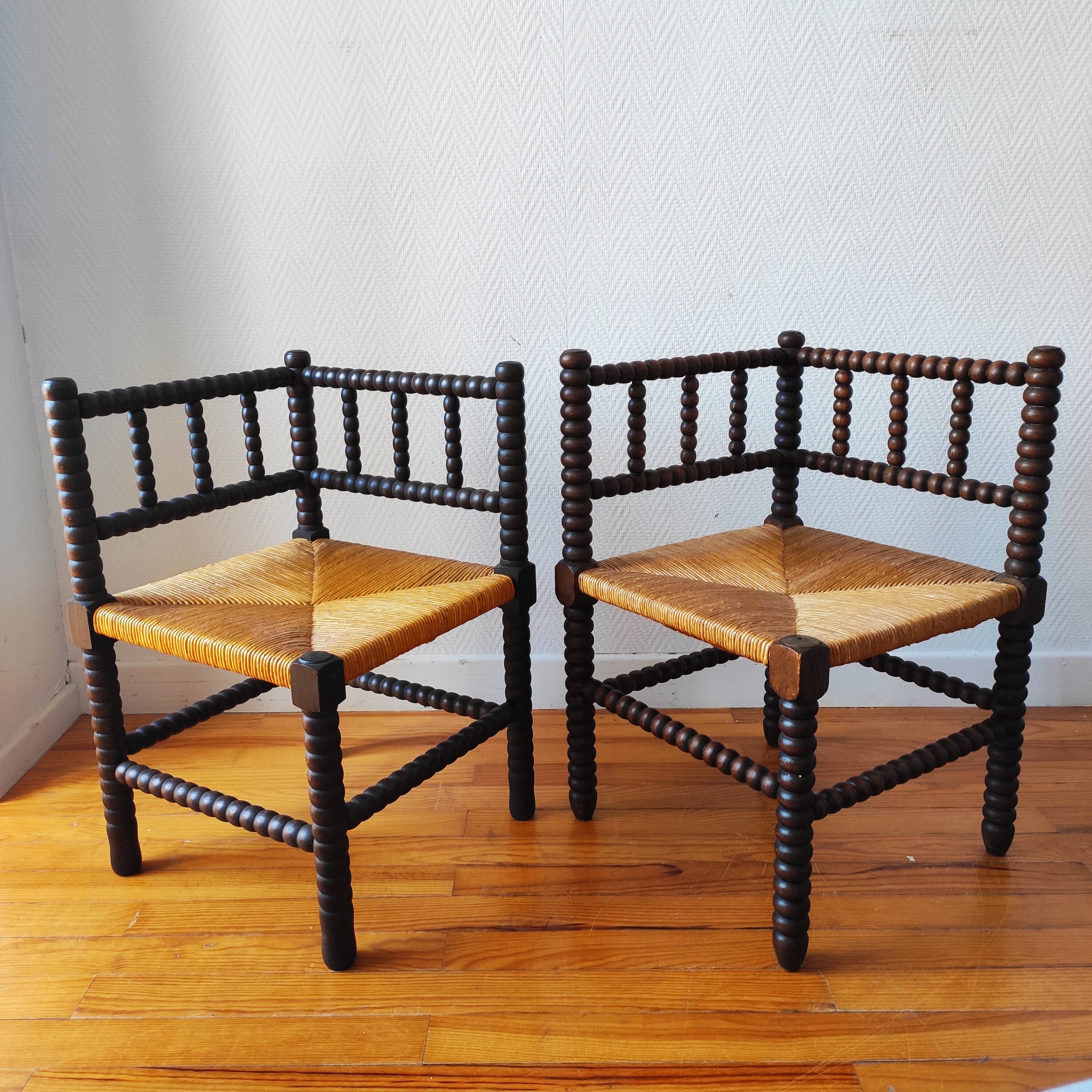 Pair of French corner chairs - turned wood, mid-20th century.