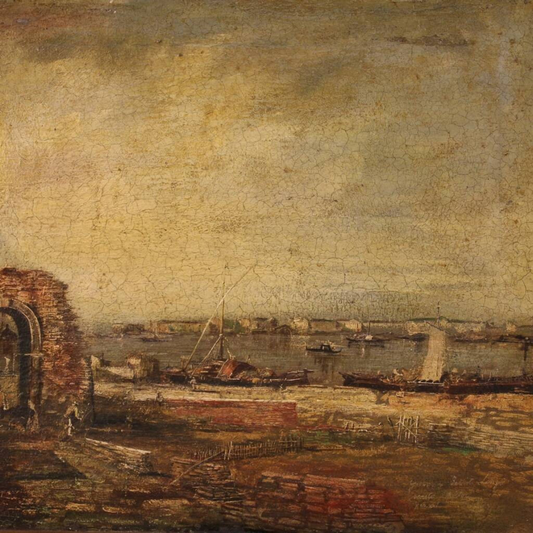 Peinture à l'huile sur toile d'un paysage marin italien