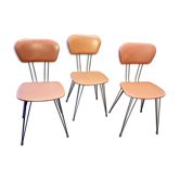 Série de 3 chaises skaï marron pied forme Eiffel vintage