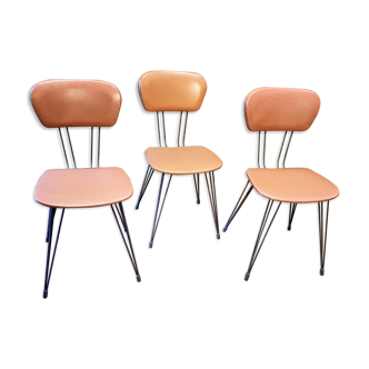 Series of 3 skai chairs brown foot vintage Eiffel shape