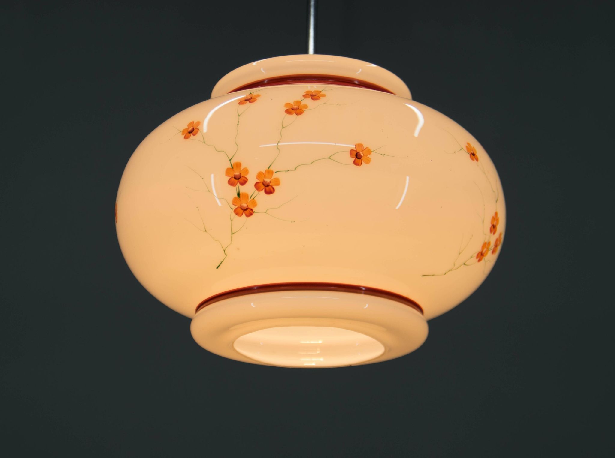 1970s Hand-Painted Milk Glass Pendant Light  Mid-Century Vintage