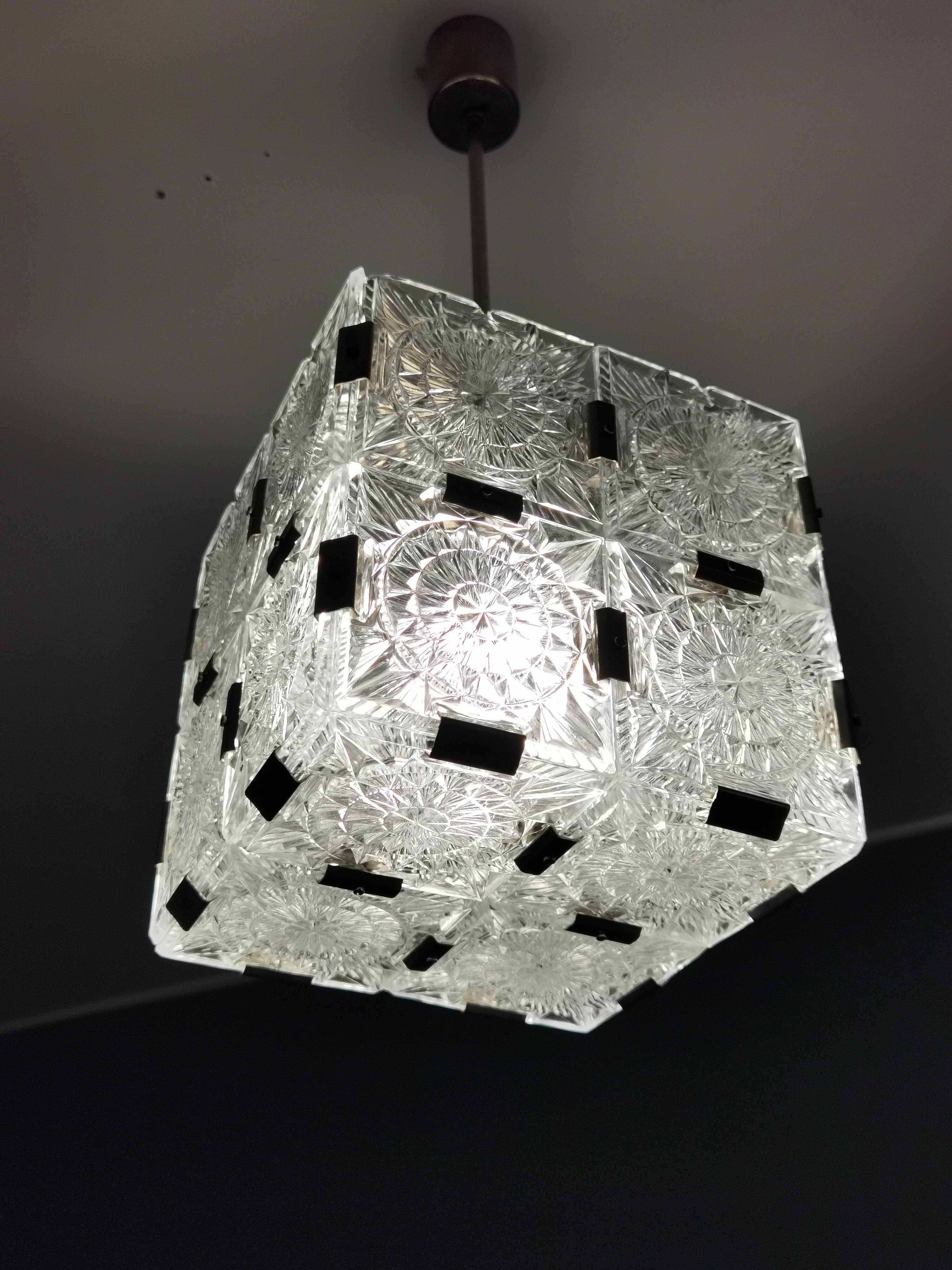 Glass faceted cube chandelier by Jaroslav Bejvl for Kamenicky Senov, year 1968