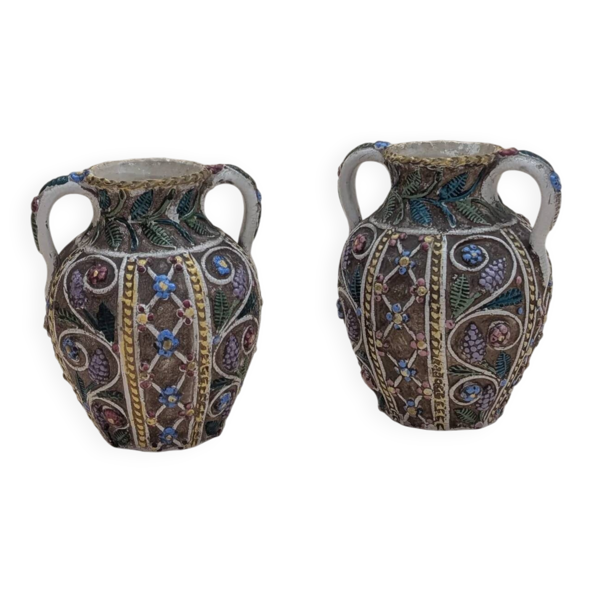 Pair of small openwork vases in glazed earthenware – Made in Italy