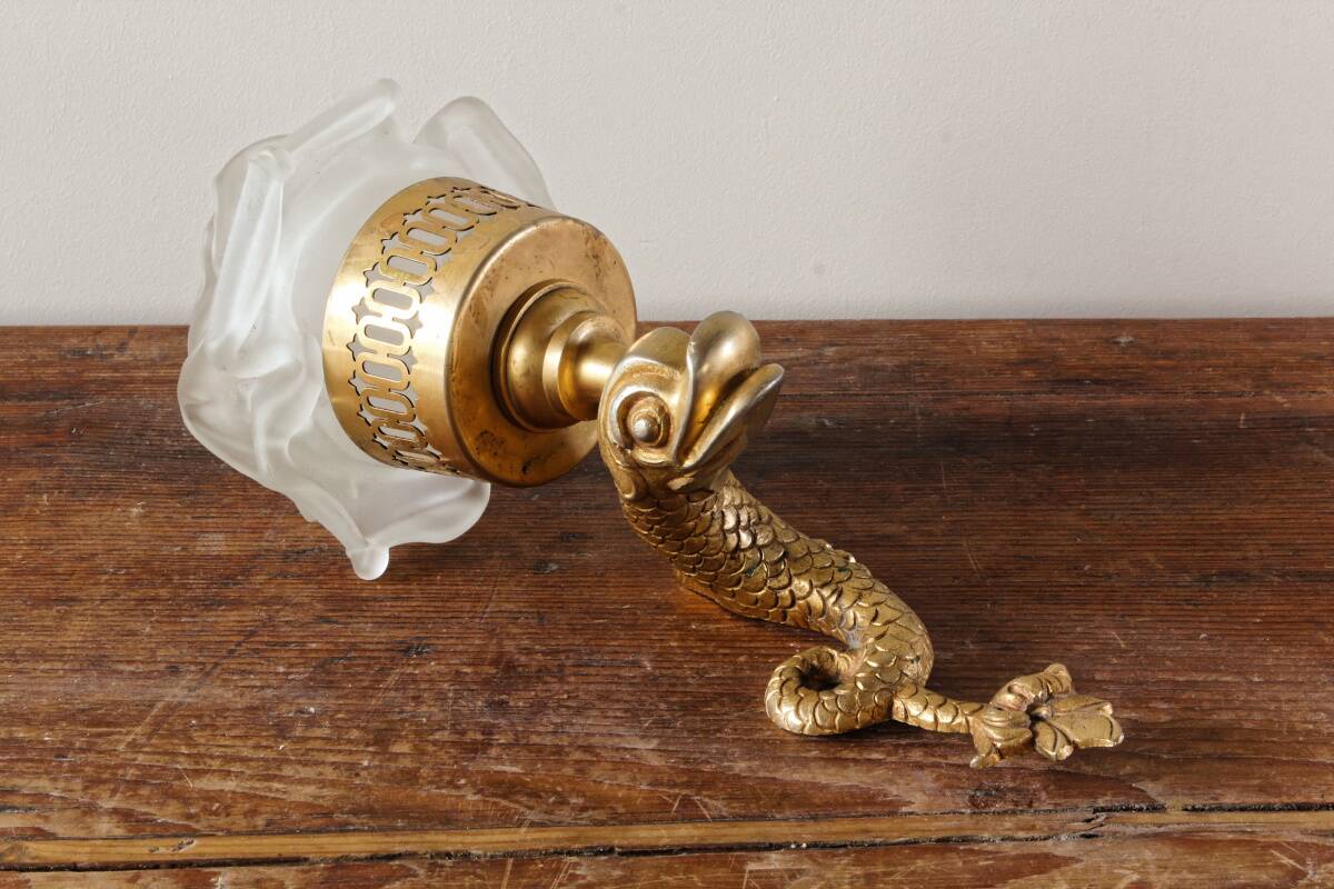 Wall-mounted candle holder, dolphin, bronze and gilded brass