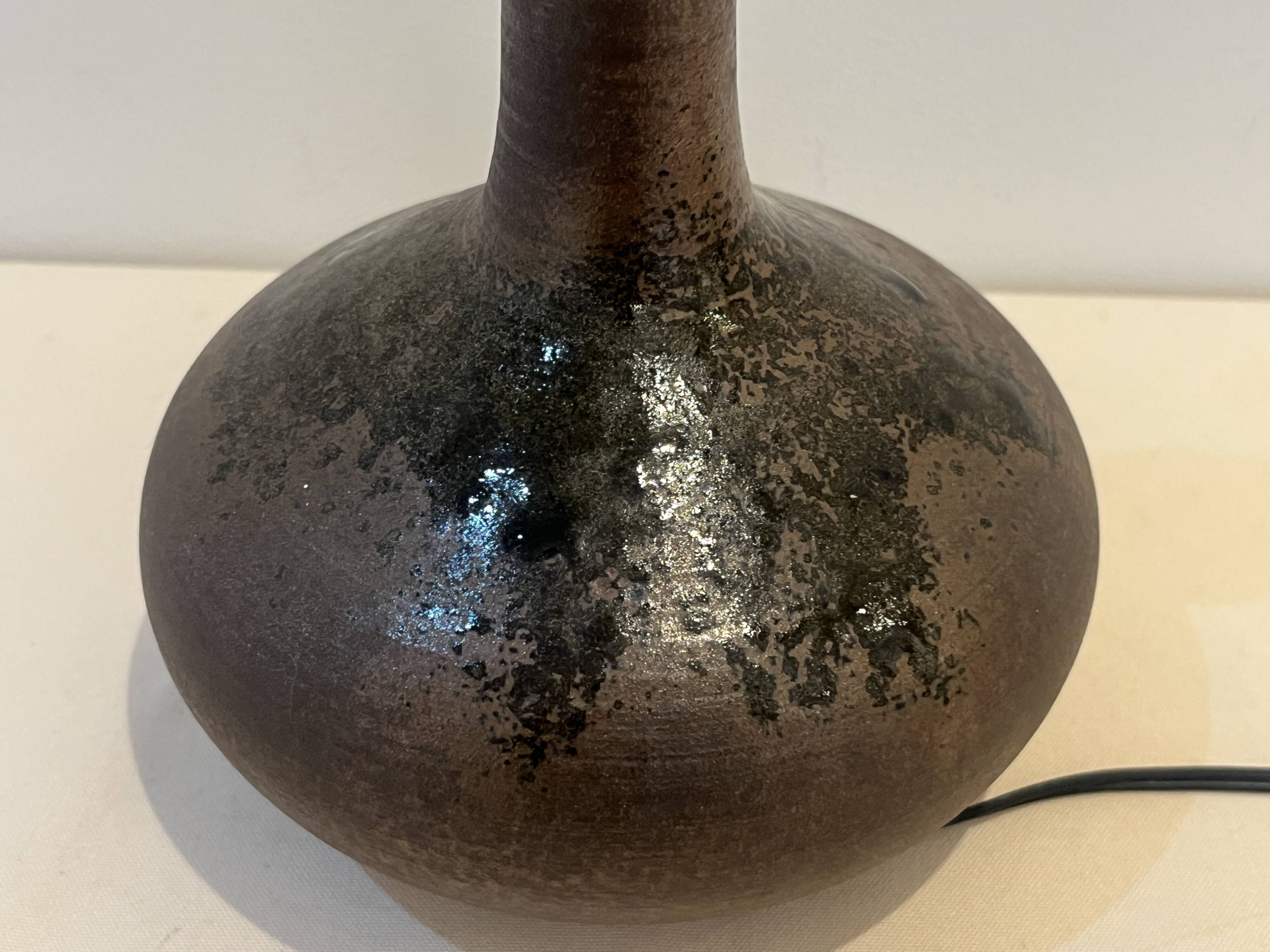 Vintage design lamp base in brown pyrite stoneware with raffia lampshade 1970