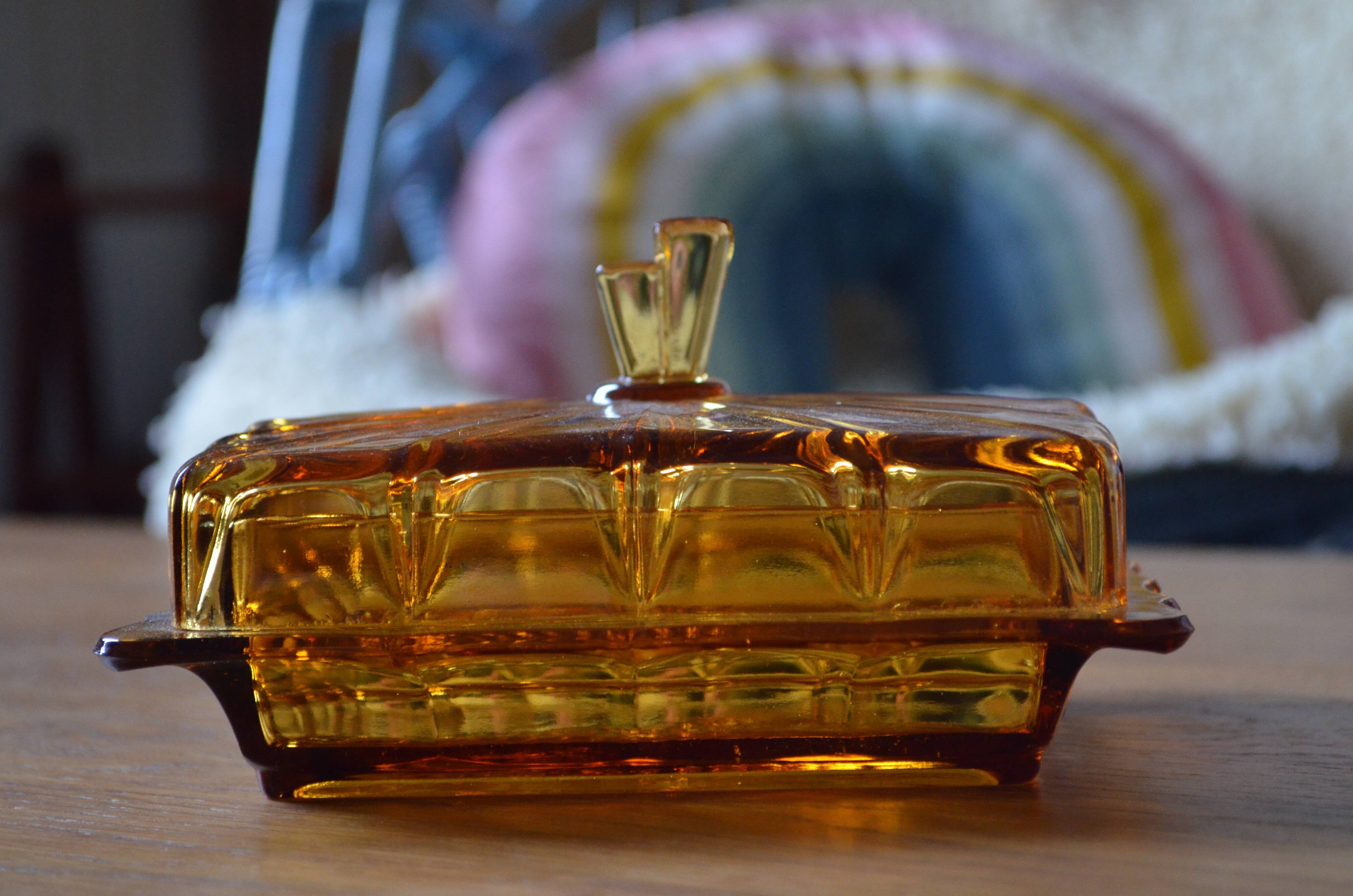 Amber glass butter dish