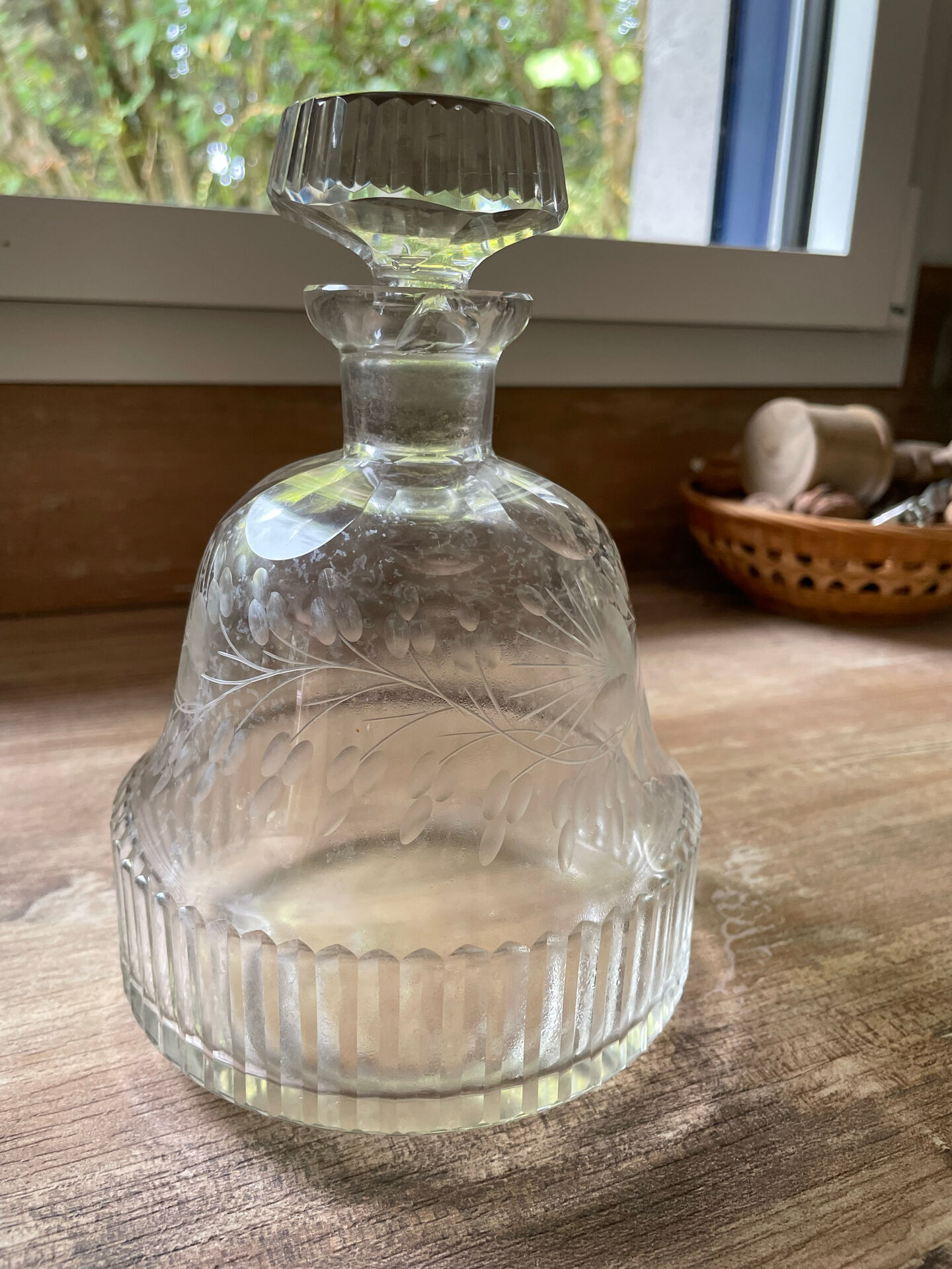 "Bohemian crystal carafe from Czechoslovakia with stopper, engraved decoration."