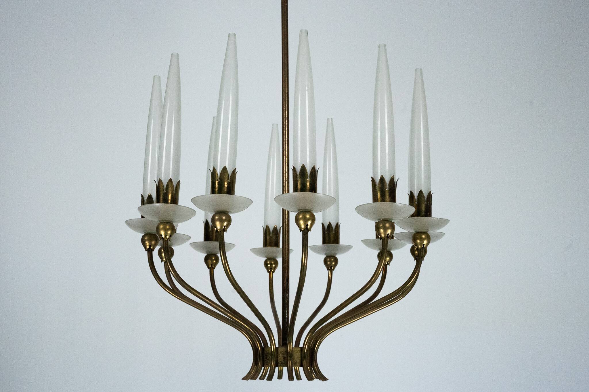 Rare Angelo Lelii for Arredoluce, 12-Lights Chandelier, Italy 1953