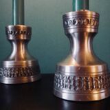 Pair of white pewter candlesticks decorated with bas-relief. "Perletin". Norway 1960