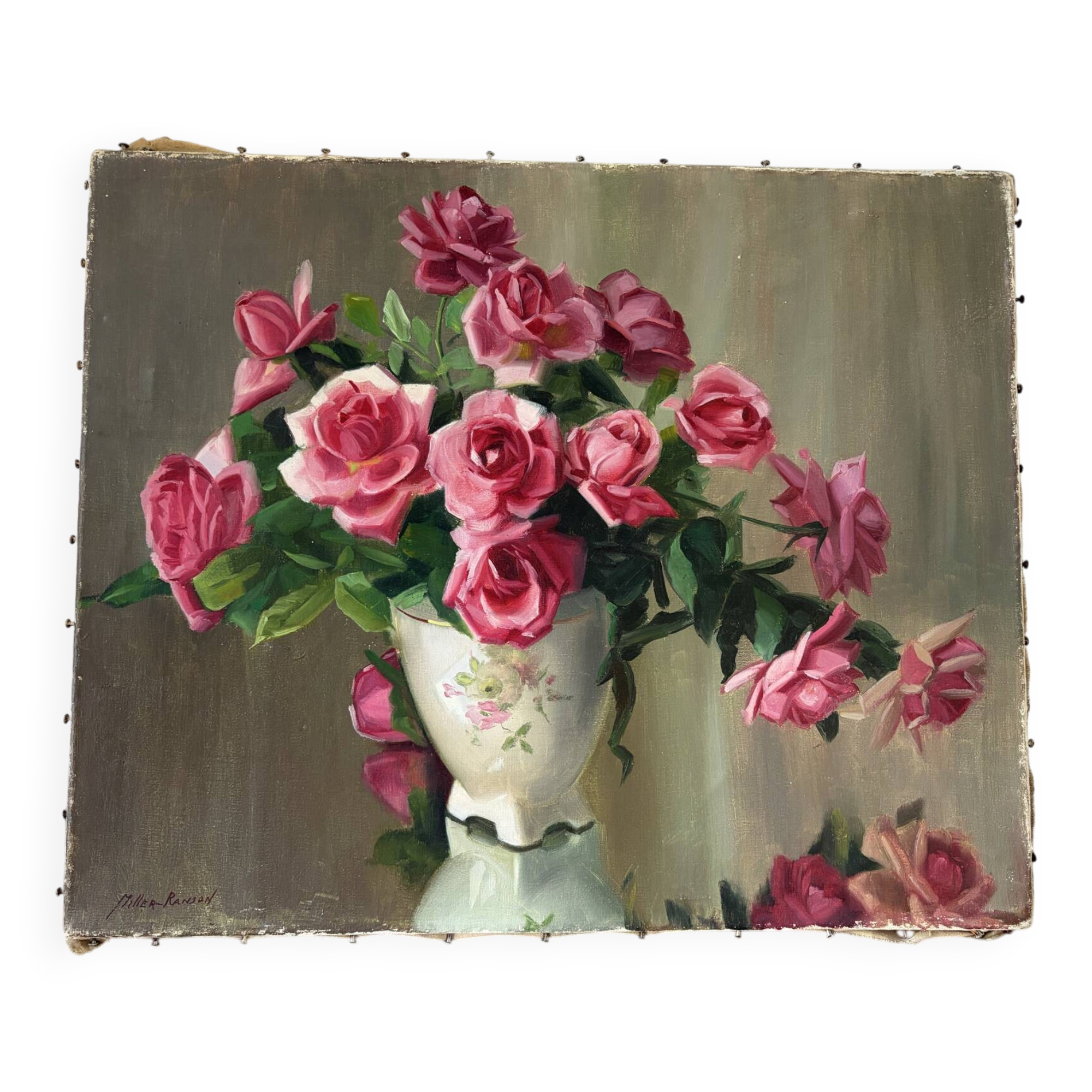 Tombée de roses, huile sur toile signé Miller Ranson