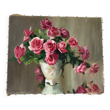 Tombée de roses, huile sur toile signé Miller Ranson