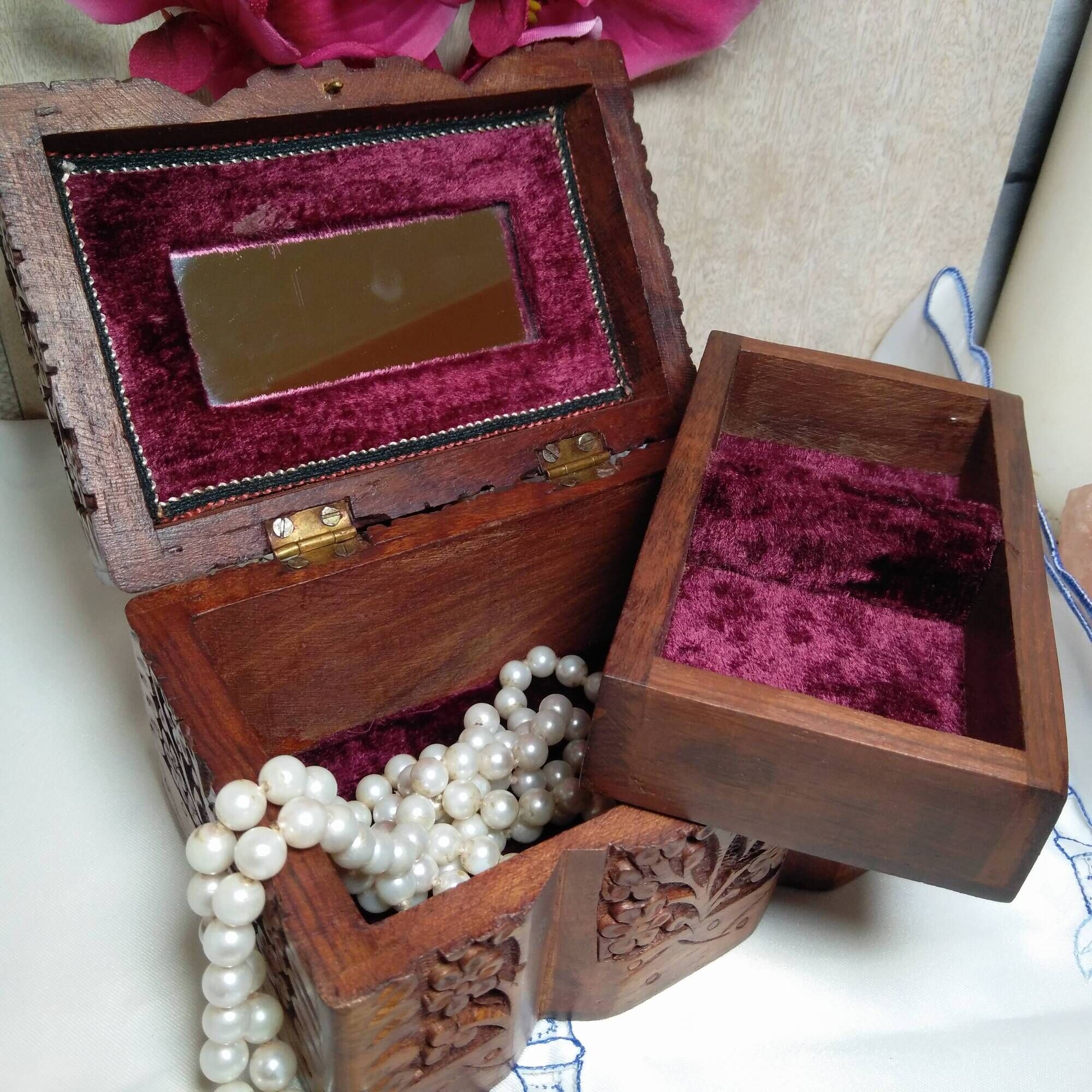 Ancient wooden jewelry box with mirror, engravings and brass décor,Asia India