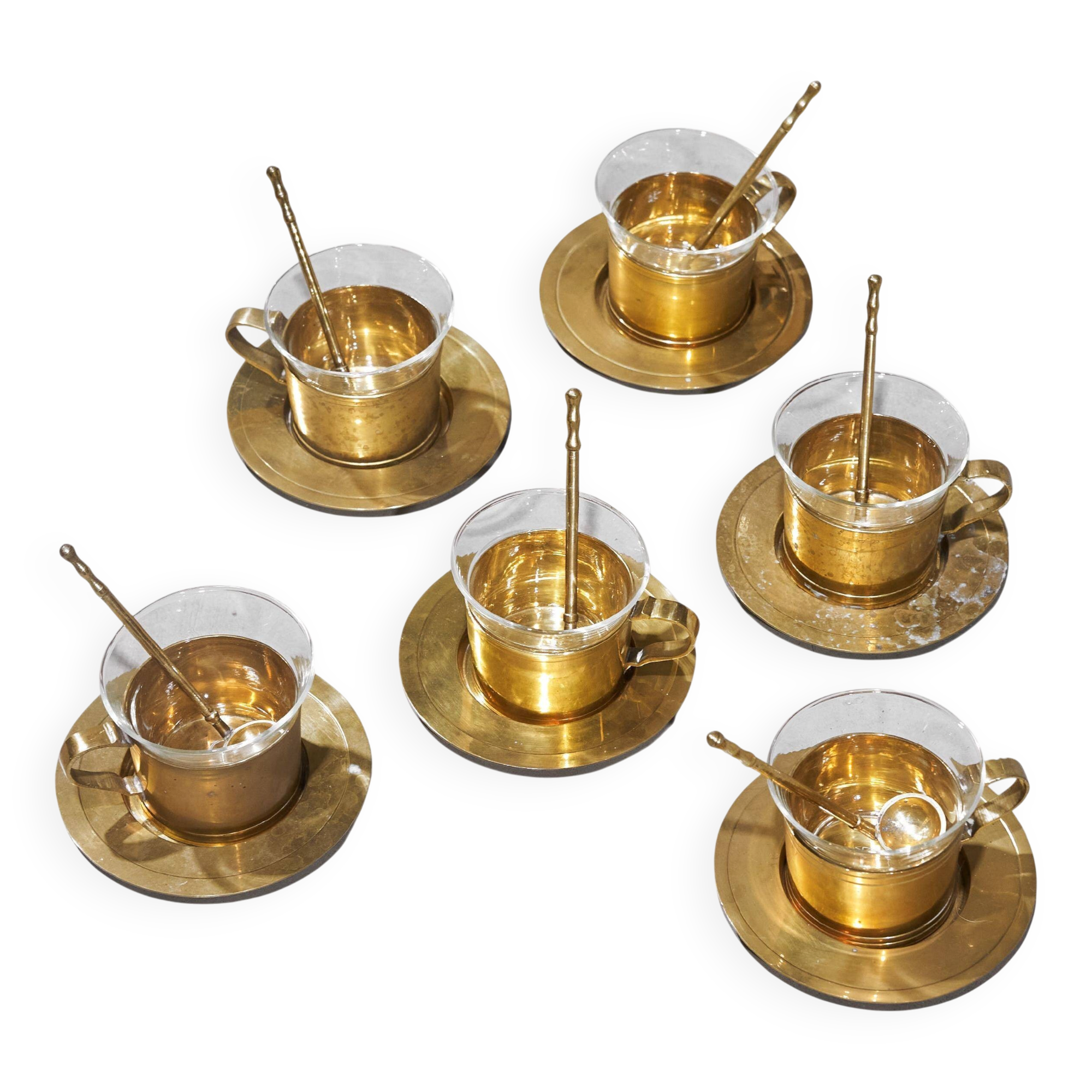 Mid-century tea service in patinated brass and glass