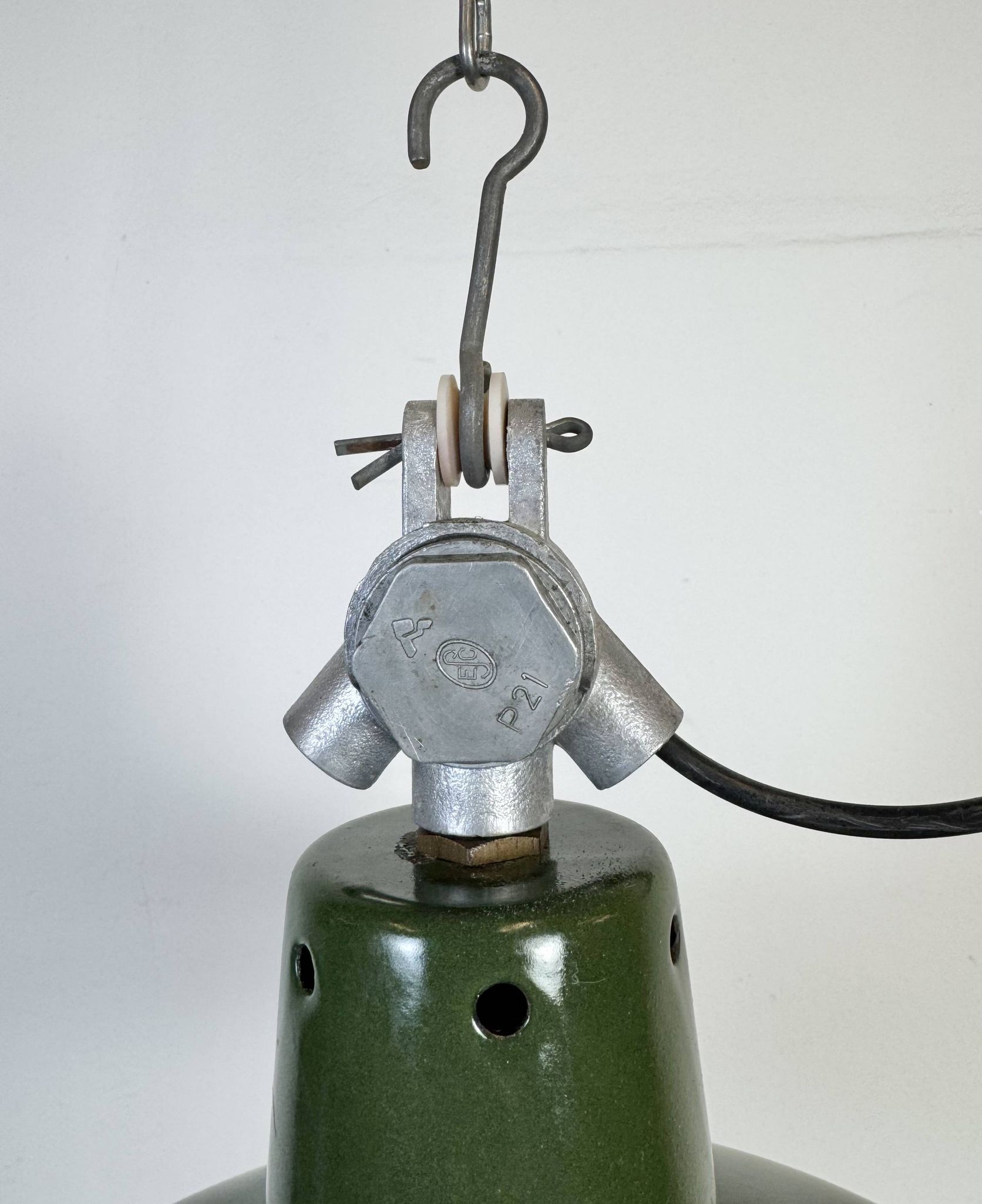 Industrial French Green Enamel Factory Pendant Lamp, 1960s