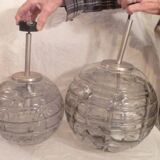Set of 2 smoked glass ball suspensions by Doria Leuchten, Germany, 1970s.