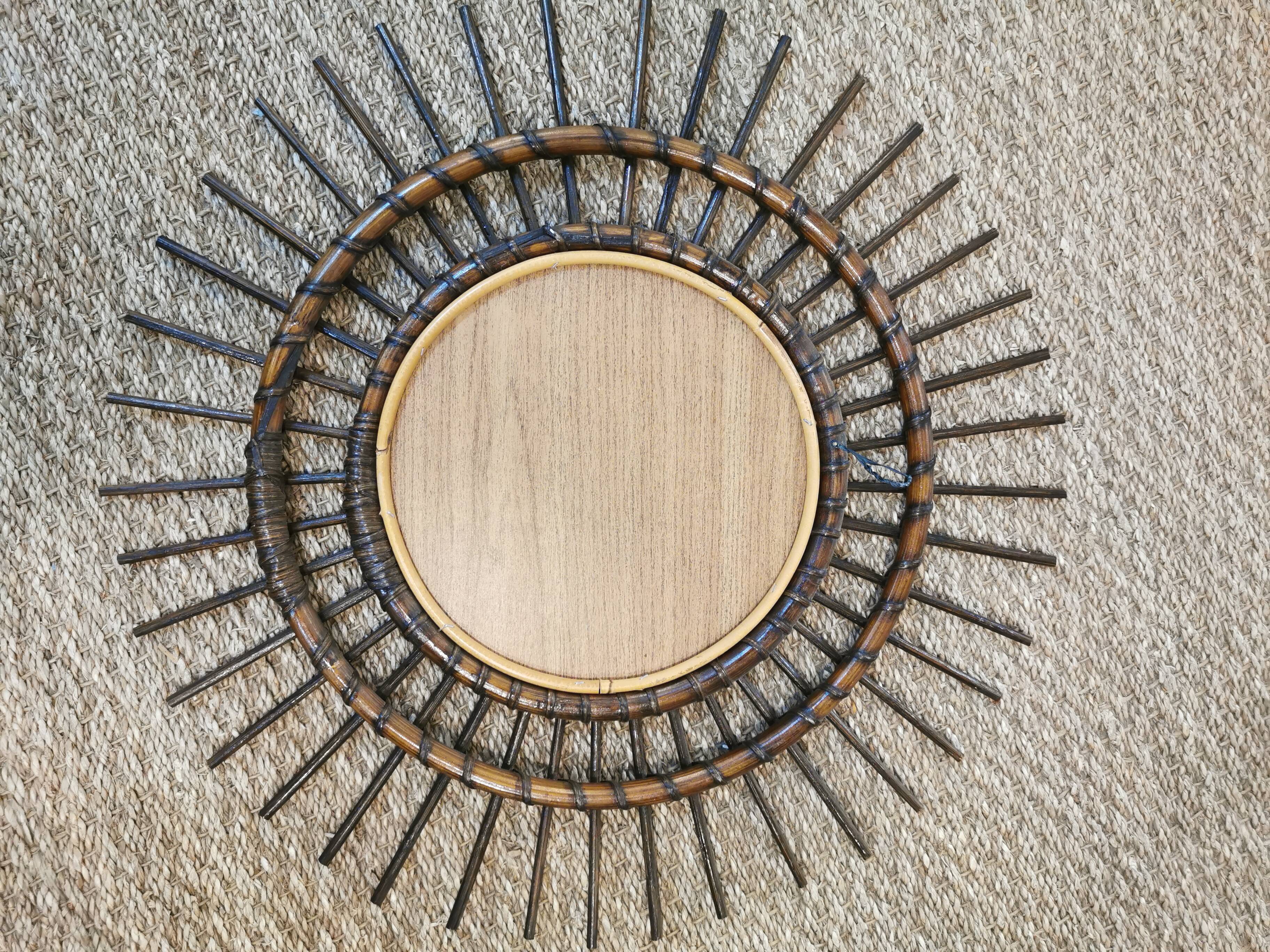 Vintage sun mirror in 60s dark rattan 56cm