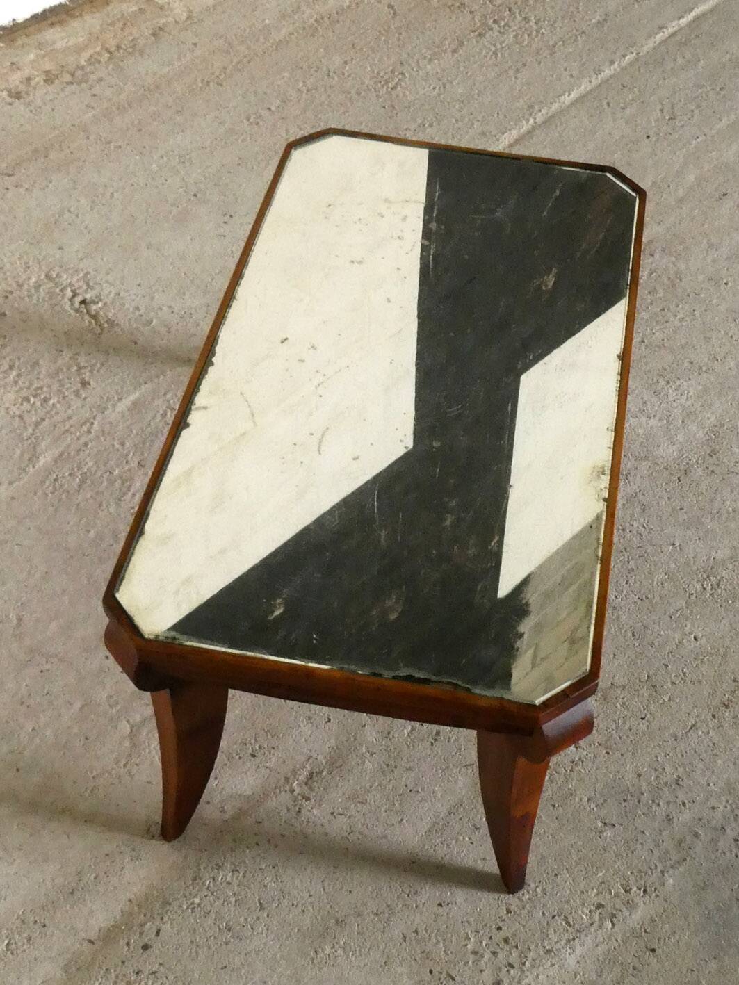 Table basse Art Déco en noyer et miroir, 1940