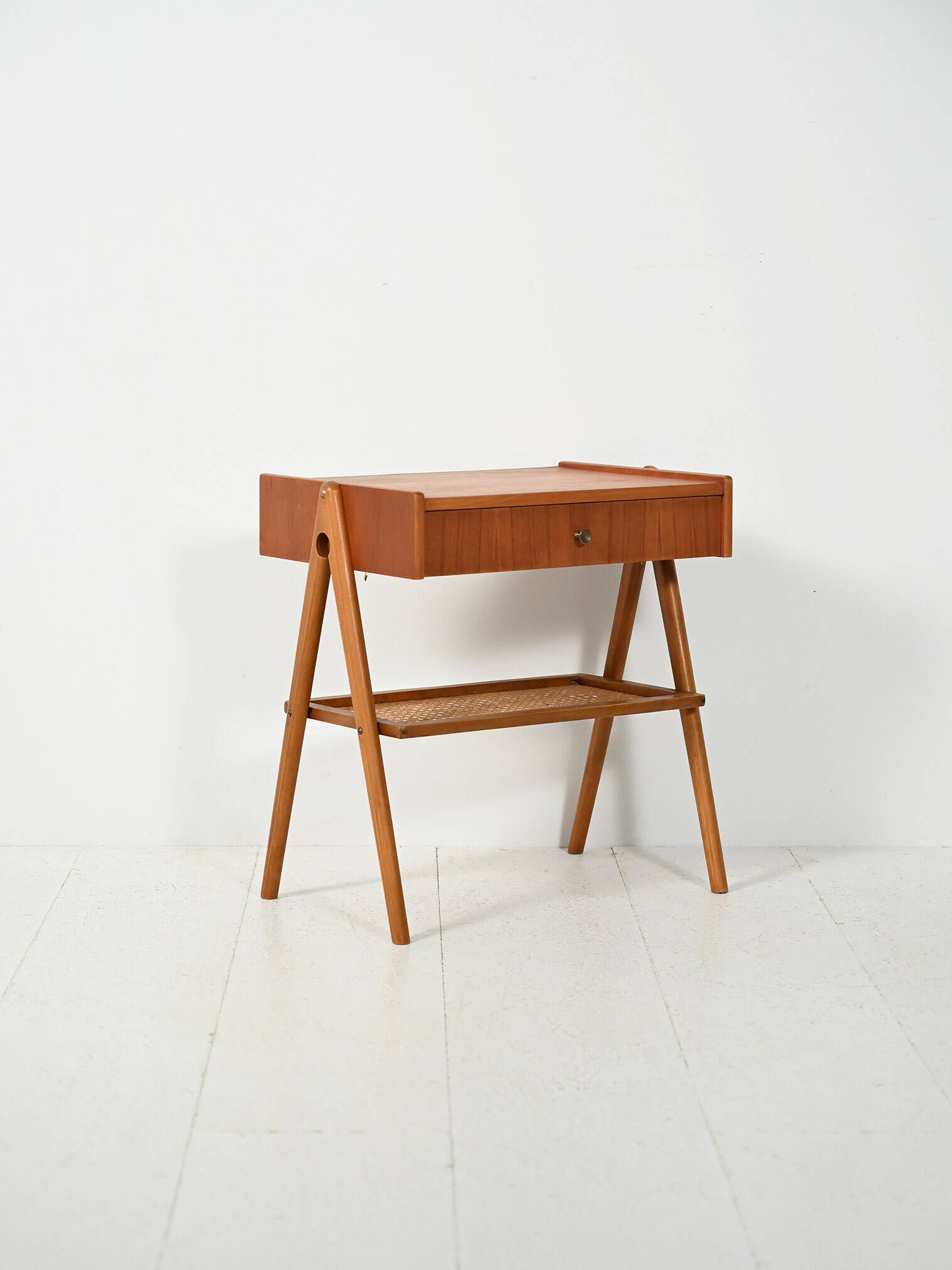 Scandinavian vintage bedside table in teak with Vienna cane
