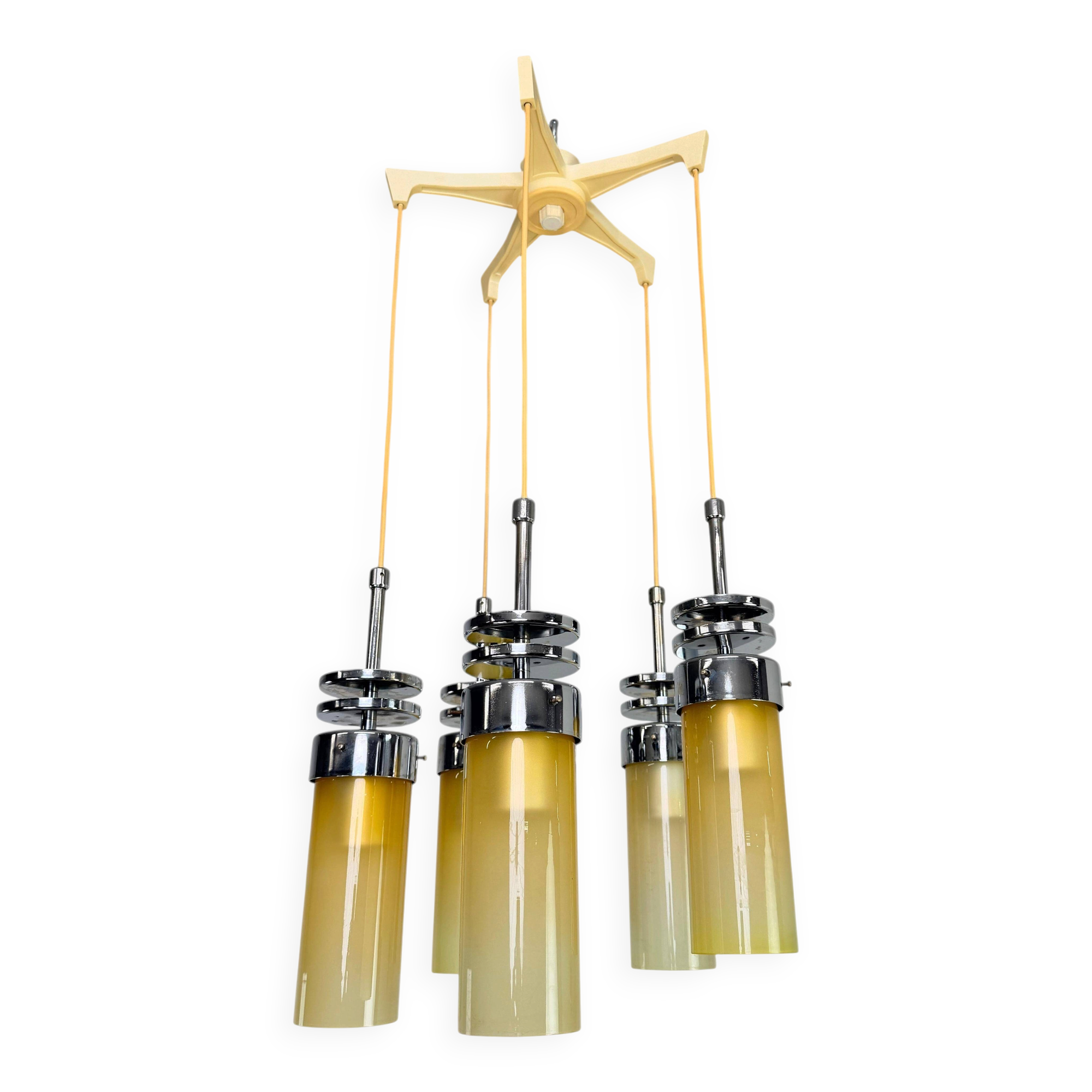 Suspension icon with 5 lamps, "Space Age" style from the 70s.