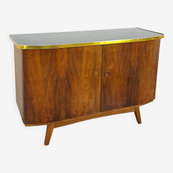 Veneer vintage cabinet with glass top and brass edge, TV cabinet