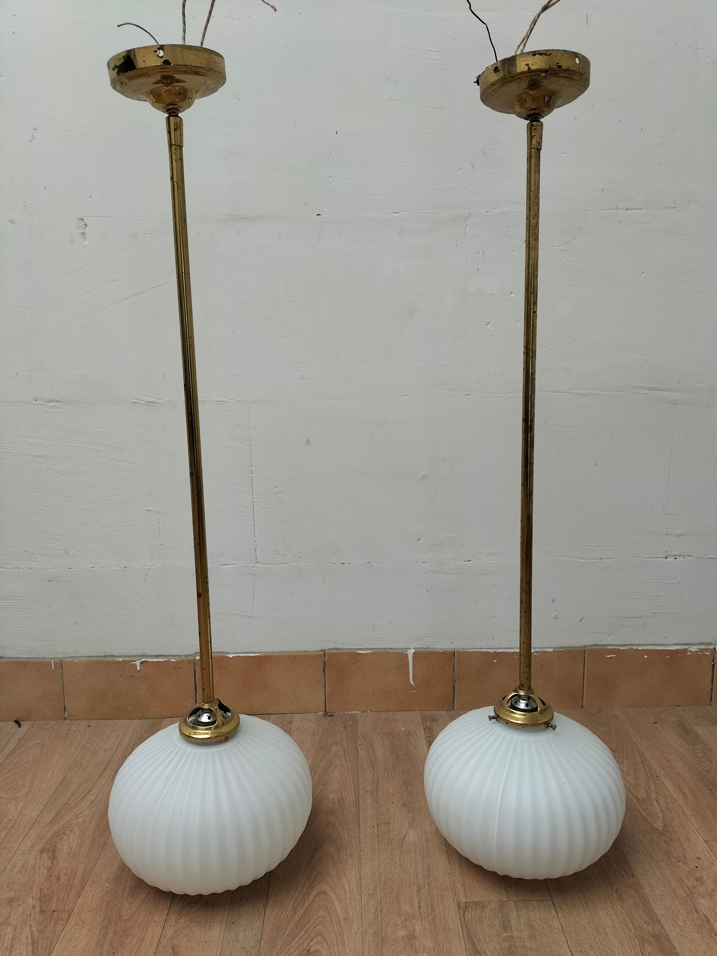 Pair brass and glass chandeliers