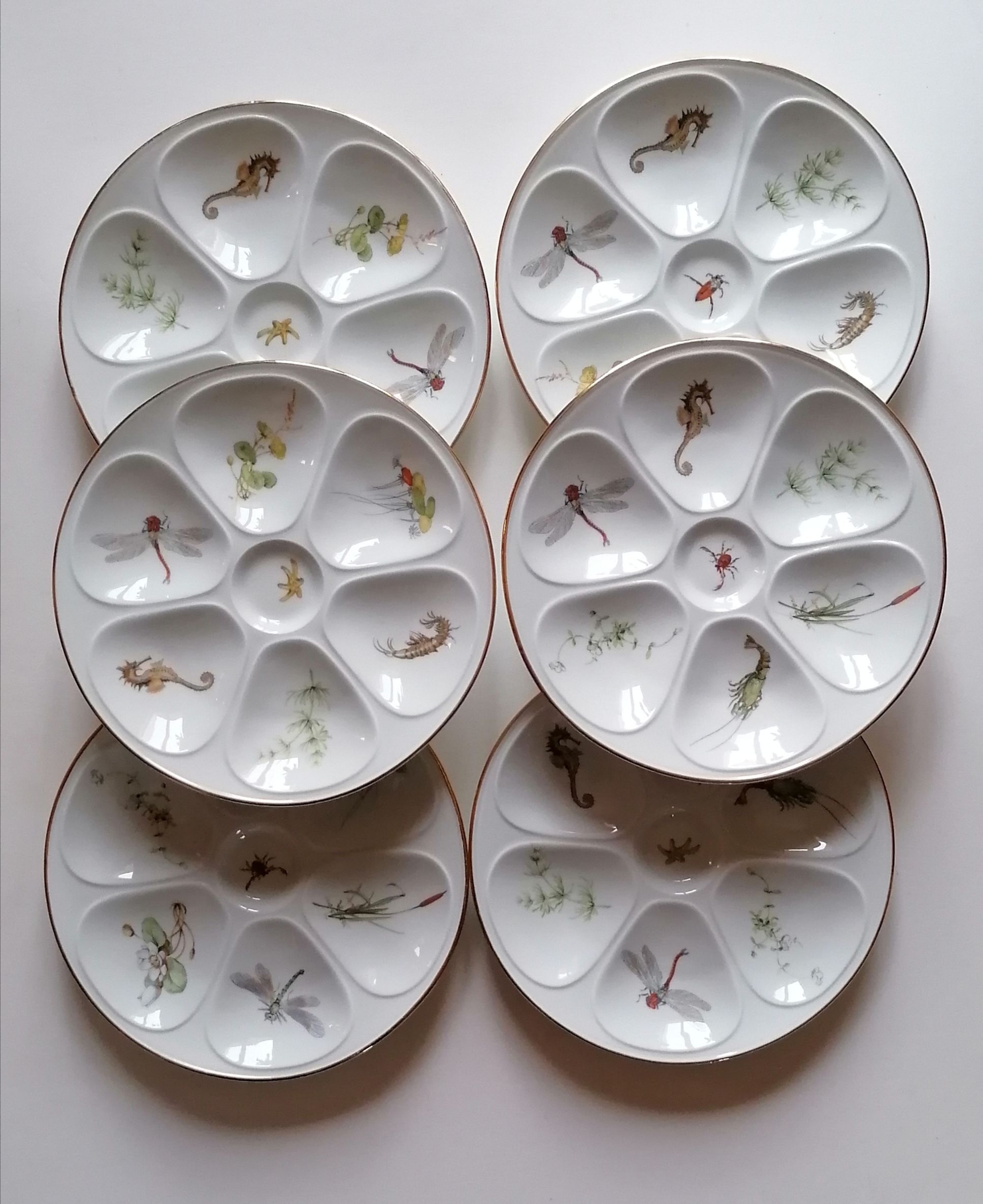 6 oyster plates fine porcelain Lourioux Foëcy