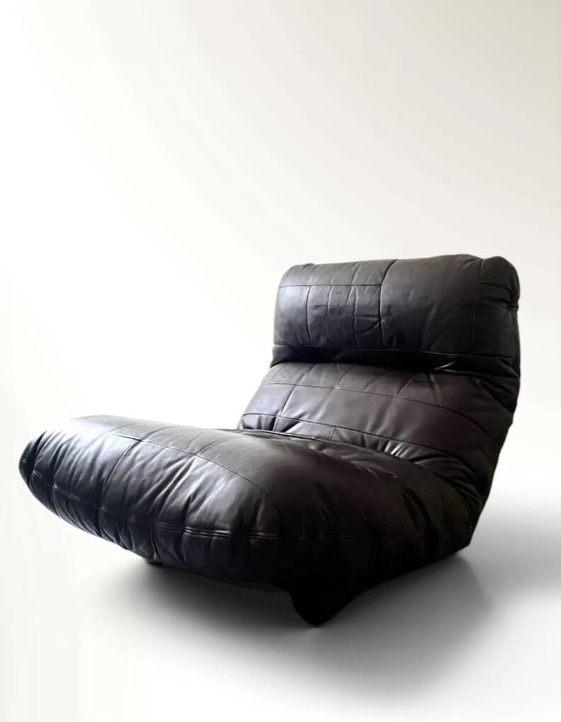 2 Marsala armchairs in plexiglass & brown patchwork leather, Ligne Roset 1970