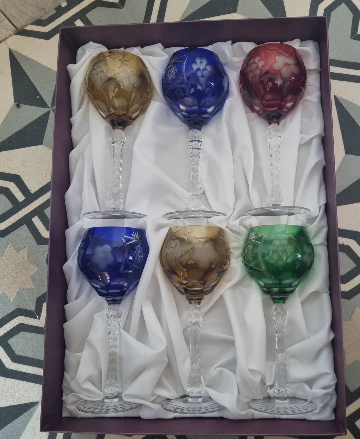 6 St Louis crystal colored glasses