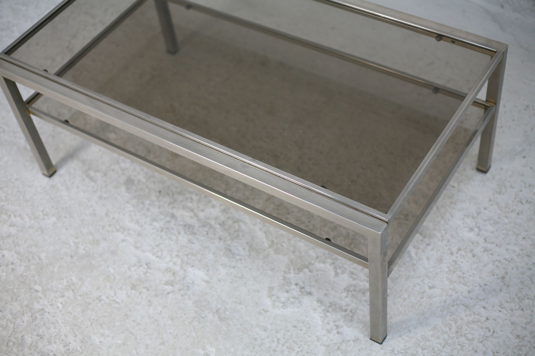 Double coffee table trays smoked glass steel. France, circa 1970