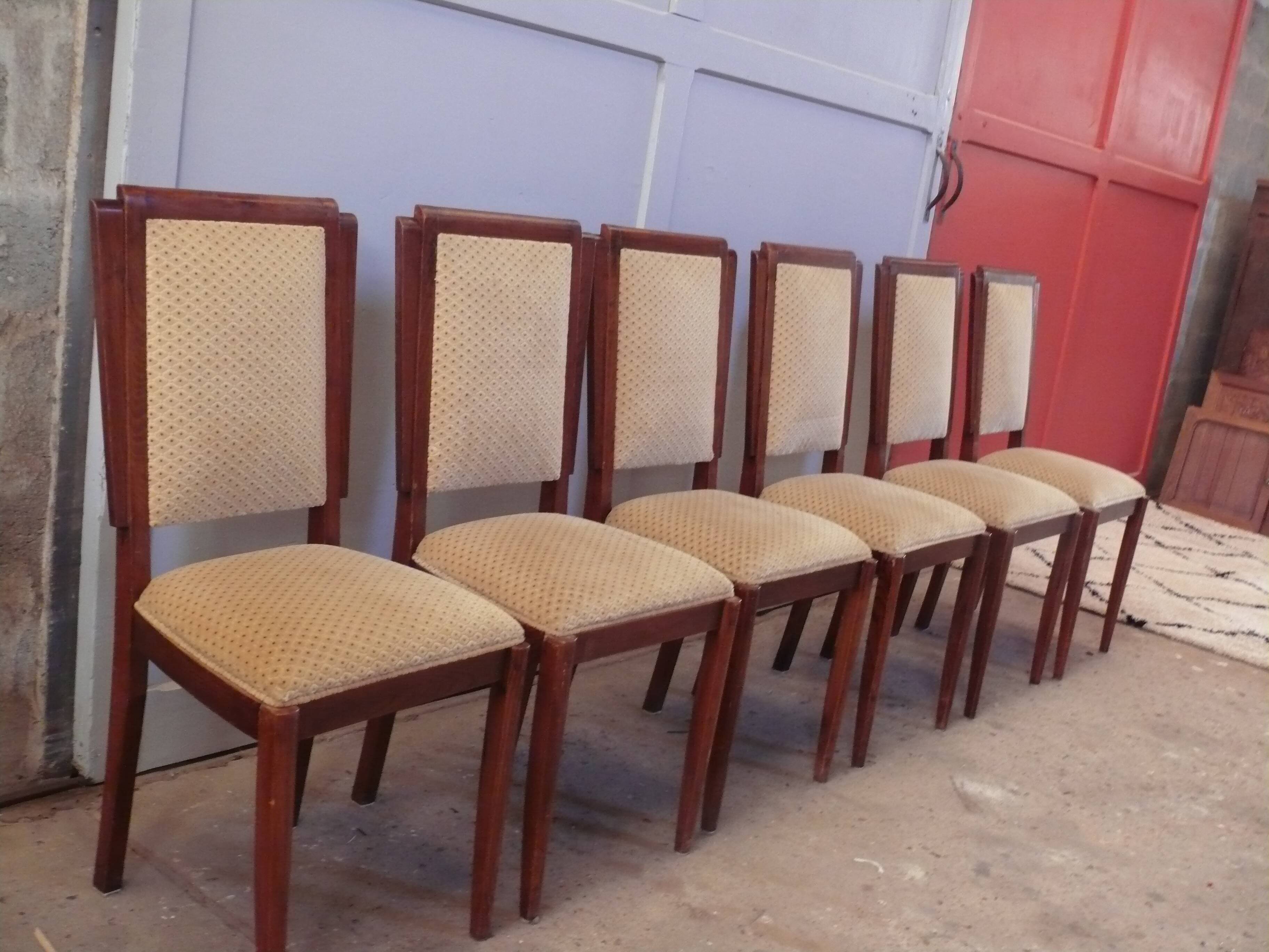 Six Art Deco chairs. Oak and original crushed velvet.