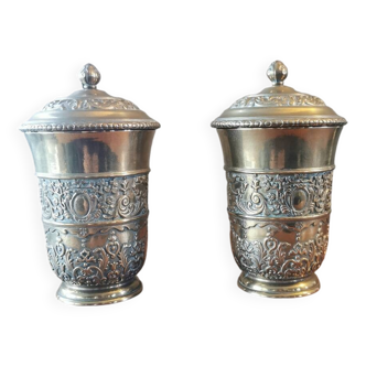 Pair of antique chiseled metal candy boxes
