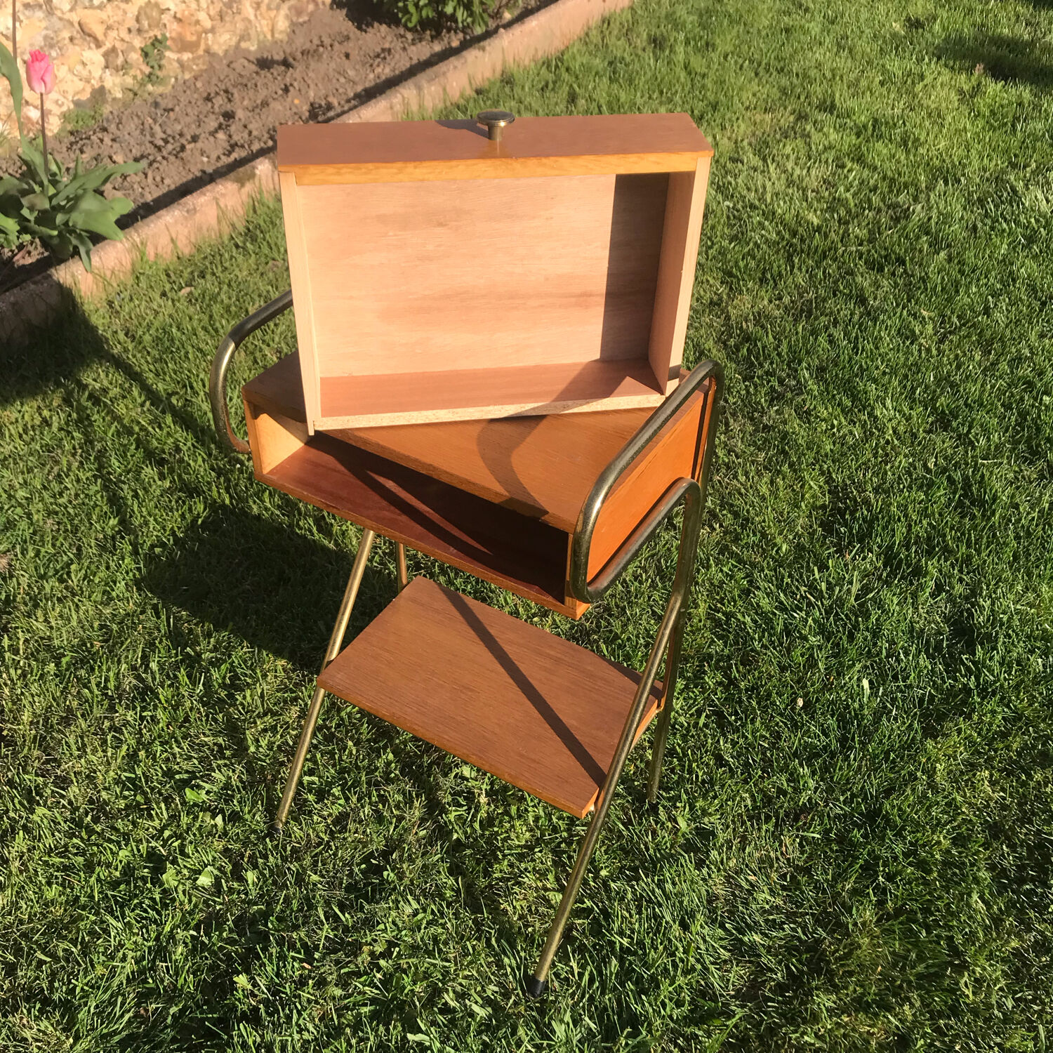Vintage bedside table 1960 oak and brass