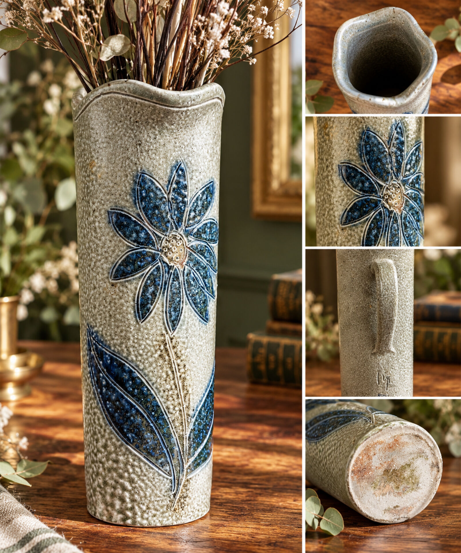 Large vintage ceramic vase – blue floral decoration