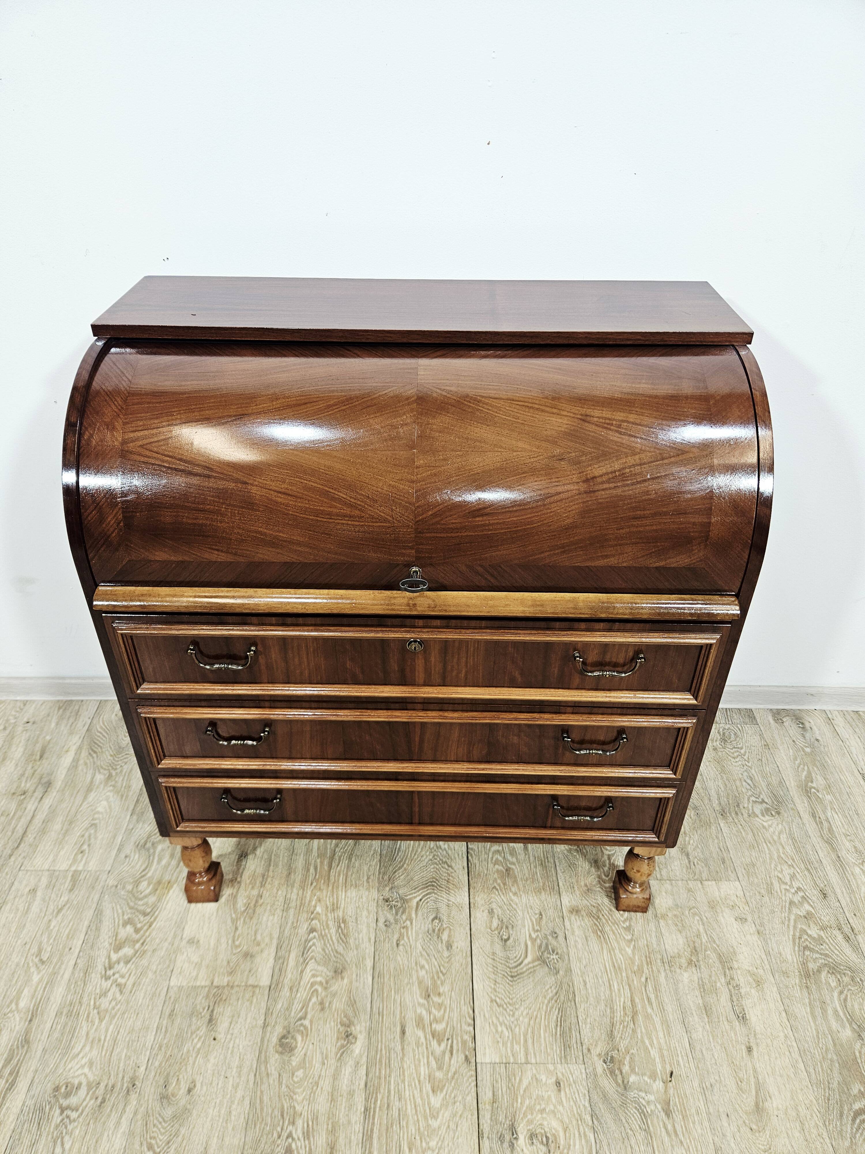 Walnut cylinder-roll-top secretary desk, 1970s.
