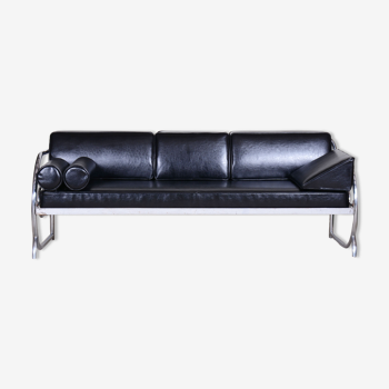 Restored Black Bauhaus Sofa, Designer Robert Slezak, High-Quality Leather, 1930s