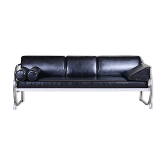 Restored Black Bauhaus Sofa, Designer Robert Slezak, High-Quality Leather, 1930s