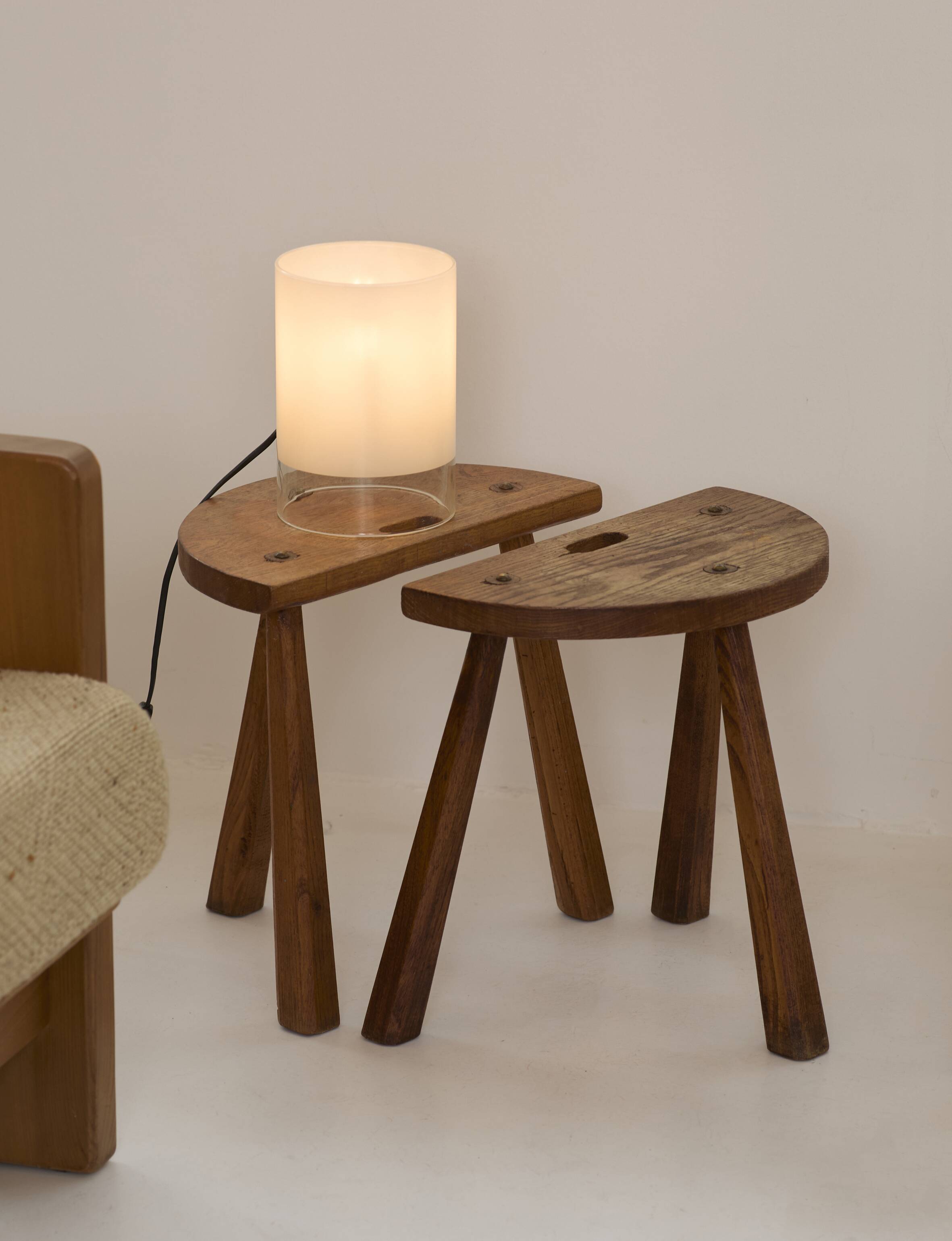 2 vintage solid wood half-moon tripod stools, circa 1950