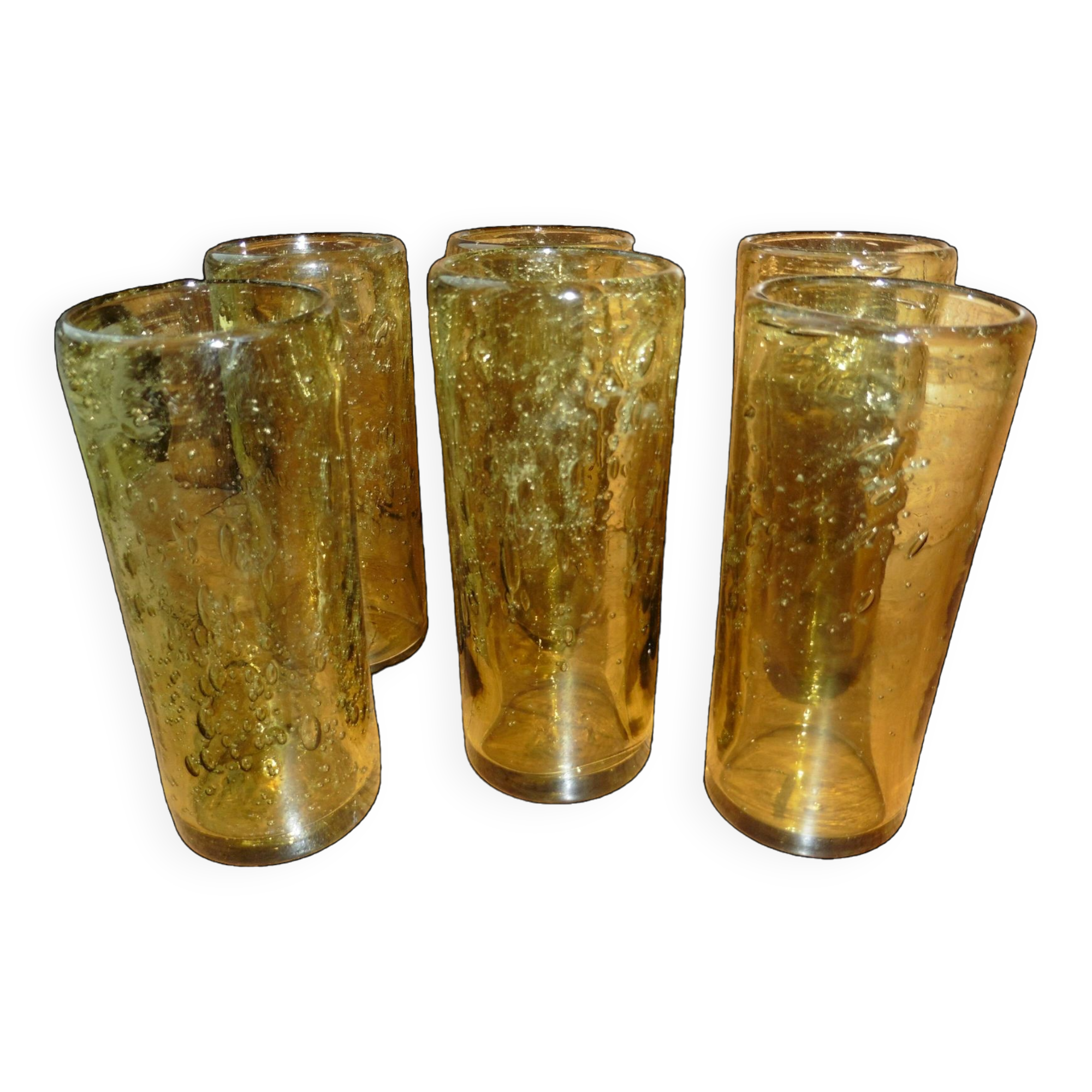 6 bubbled glasses, mouth-blown, Biot amber-colored orangeade service