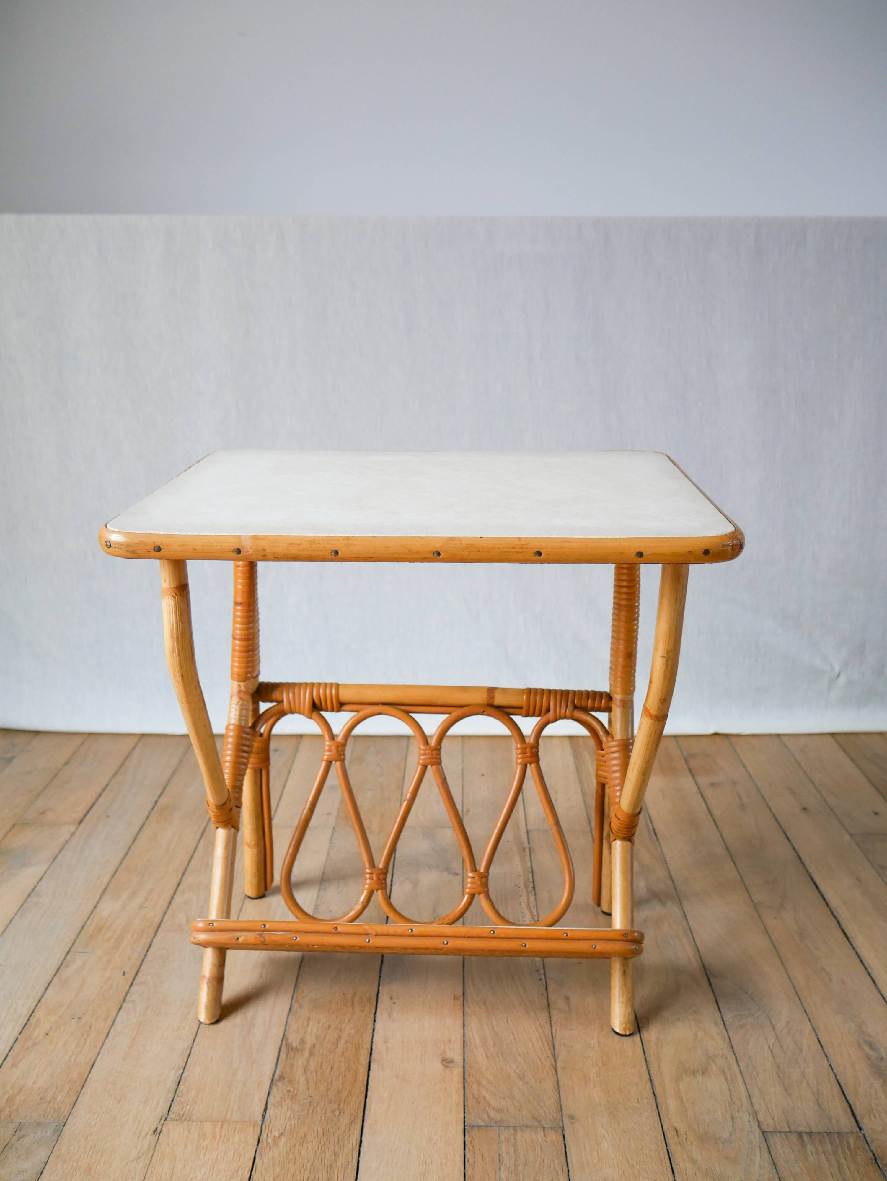 1960s rattan and bamboo side table with magazine rack