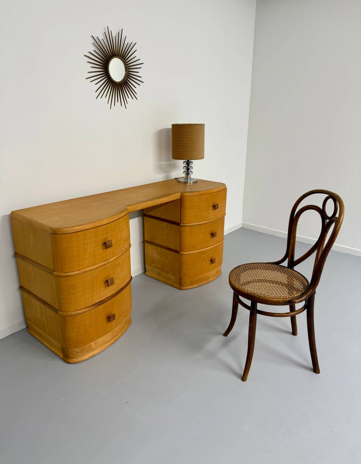 Old beech desk in art deco style with drawer, vintage 60s