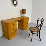 Old beech desk in art deco style with drawer, vintage 60s