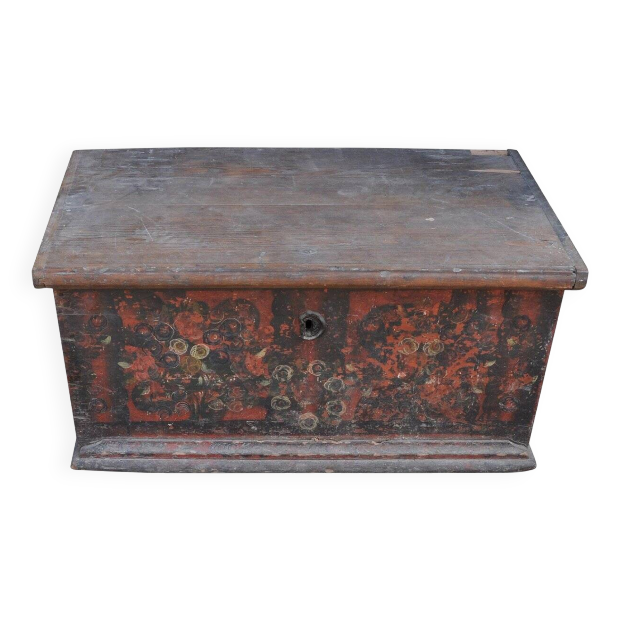 Antique wooden chest painted in multicolour with floral decoration — solid pine