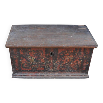 Antique wooden chest painted in multicolour with floral decoration — solid pine