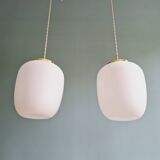 Pair of Scandinavian pendant lights in white satin glass, 1960s
