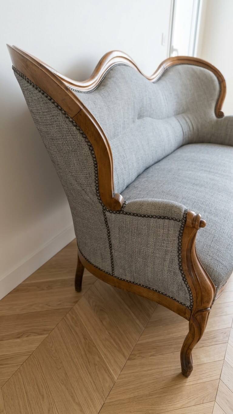 Three-seater canapé in grey mottled fabric, Louis Philippe style.