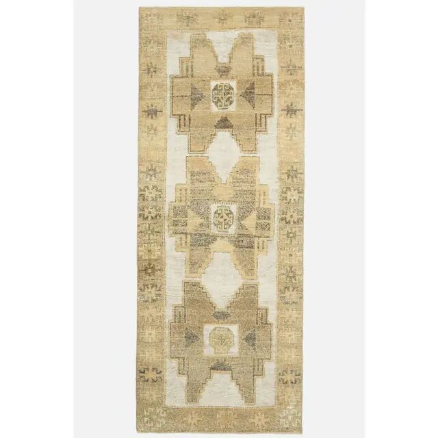 1970s Turkish Hand-Knotted Wool Cotton White Runner Rug 120X314