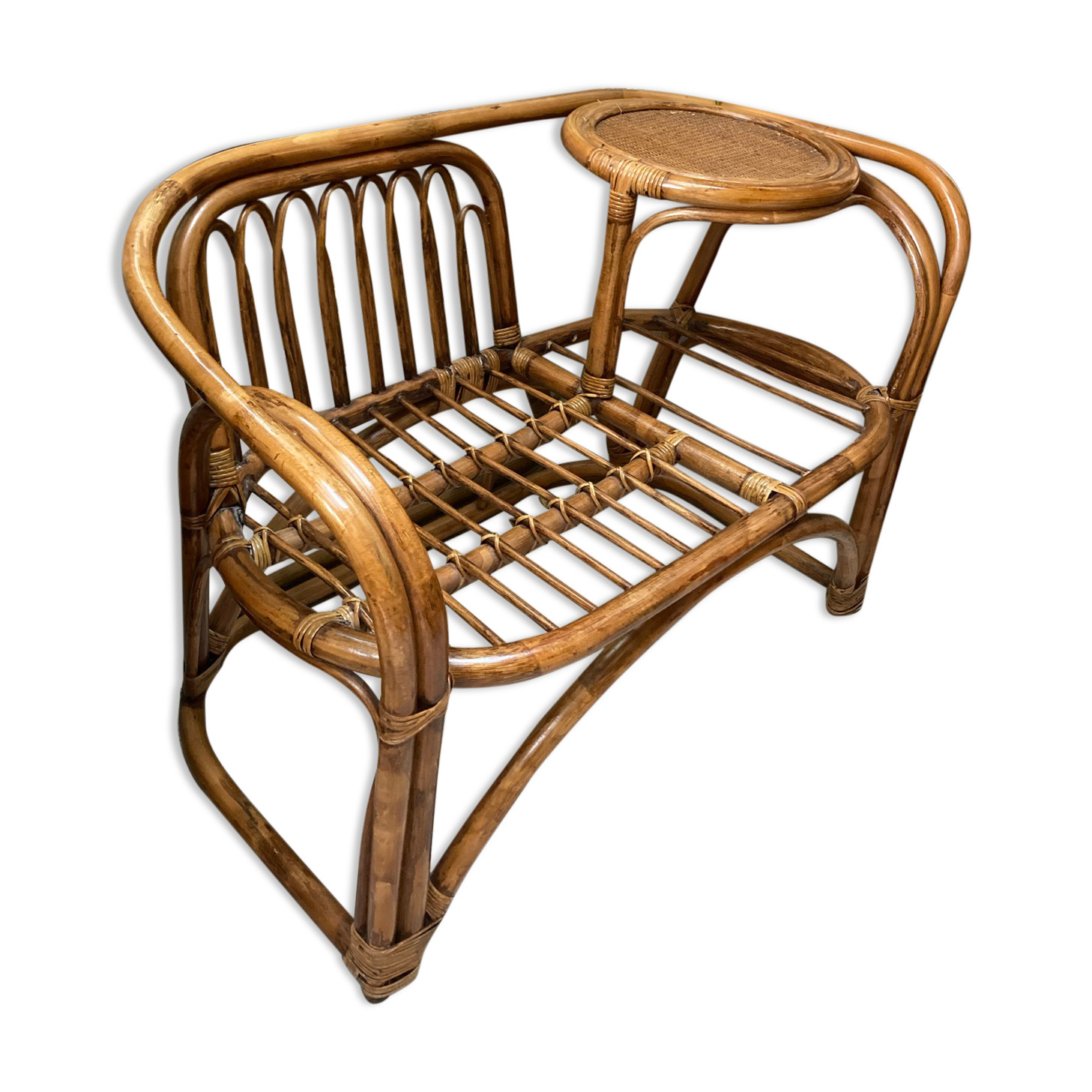 Vintage Scandinavian rattan bench tablet 1960s