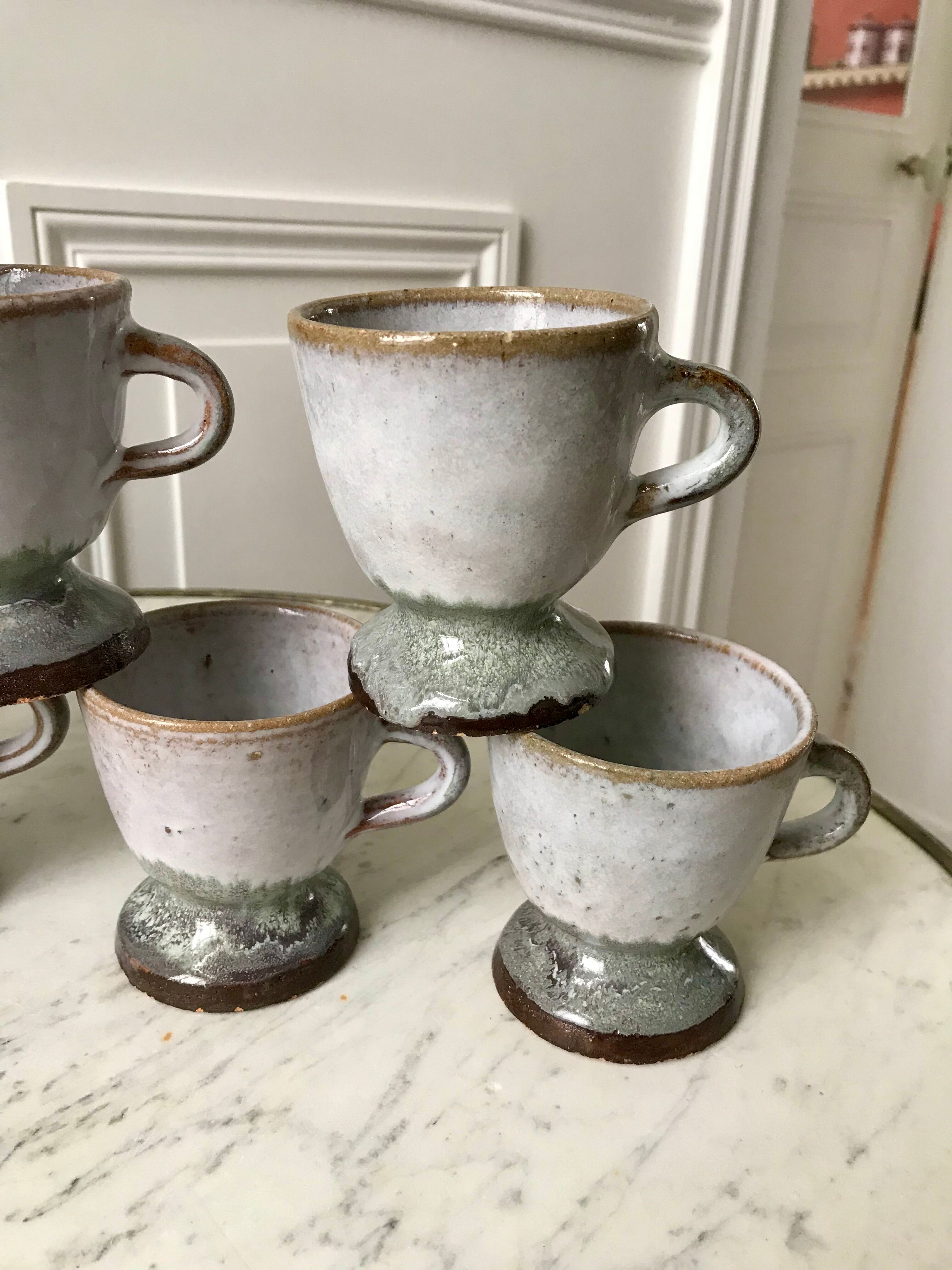 Set of 8 coffee cups, stoneware mazagrans handcrafted signed 70s