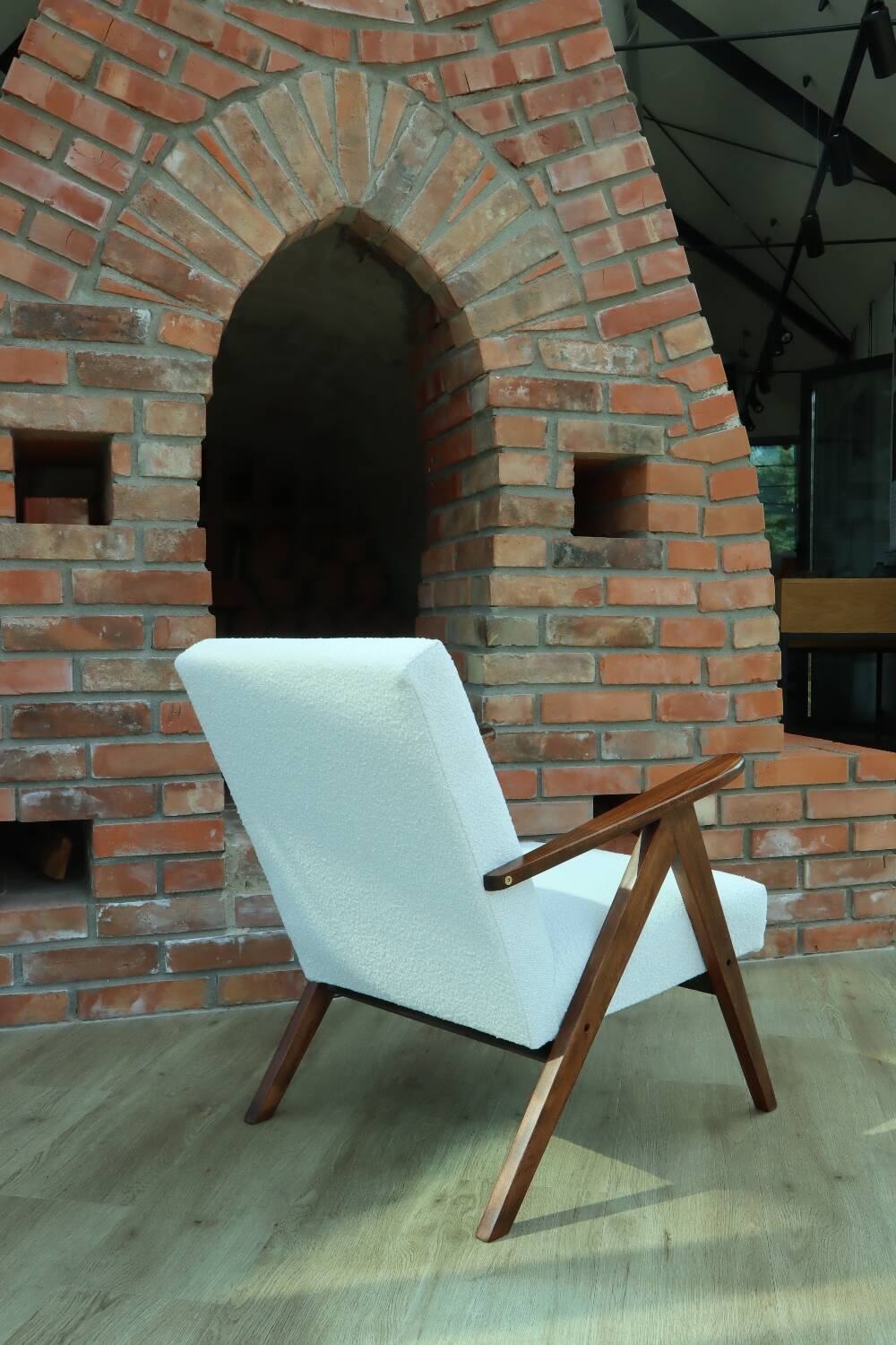 Vintage armchair mid century modern design white boucle dark walnut wood colour 1970 restored chair