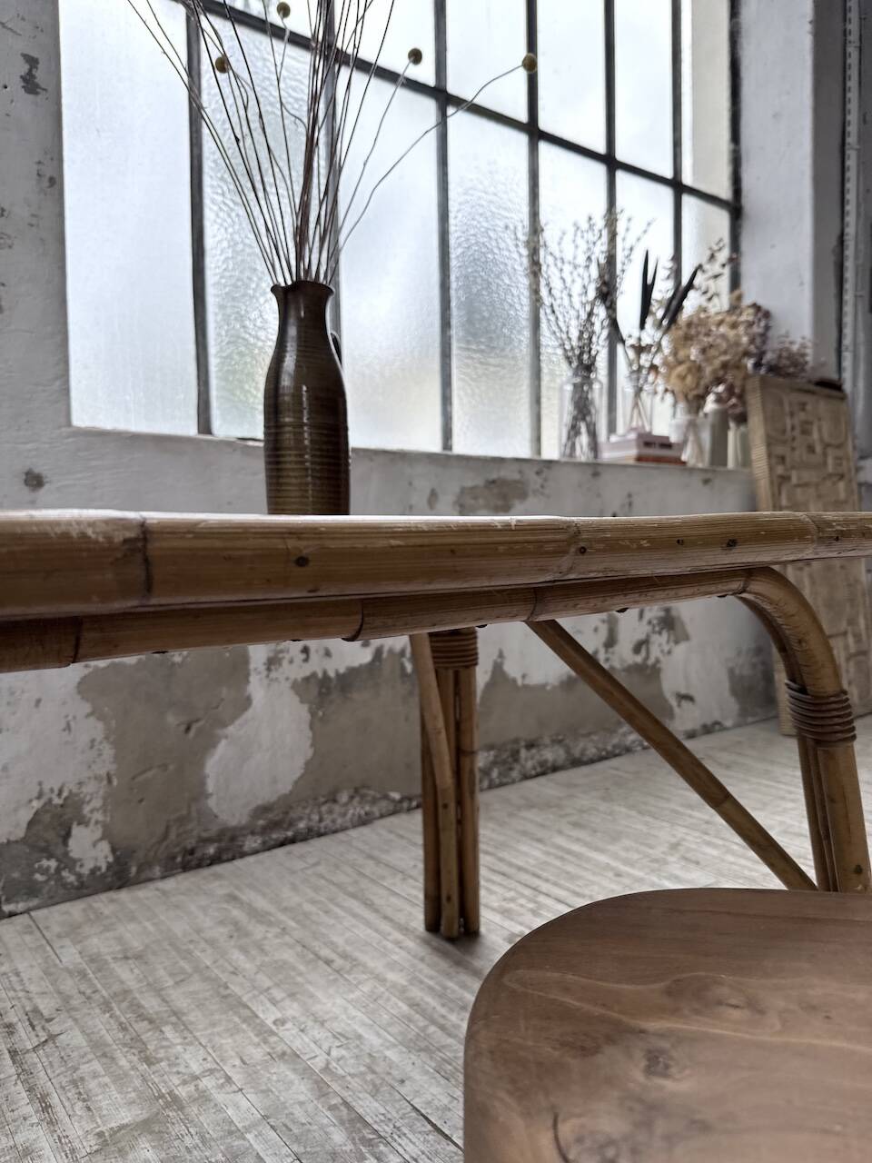 1950s rattan table with ceramic top